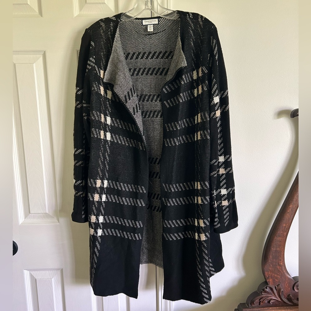 Charter Club, size 1X, black with cream & tan detail, long cardigan